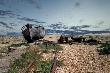 Abandoned ship stranded on the Dungeness beach