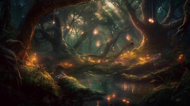 AI generated illustration of a forest illuminated with warm, vibrant lights, moss covering the trees