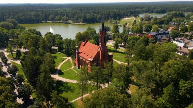 Drone footage of the Catholic Church of Saint Mary's Scapular in Druskininkai city, Lithuania