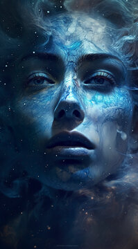 Female face illustration with facial features in nebula style. Spiritual face representation of astral travel in blue tone.