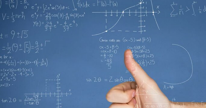 Animation of mathematical equations floating against close up of a hand showing thumbs up