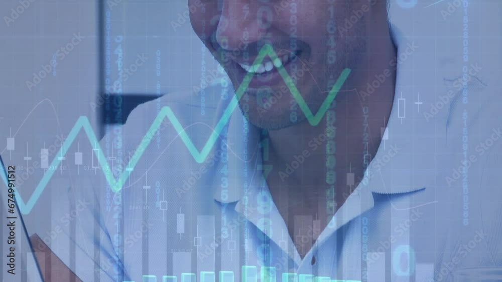 Poster animation of statistical data processing against biracial man smiling while using laptop at office
