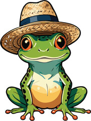 Vector of an adorable cartoon frog sitting comfortably on the ground, wearing a stylish hat