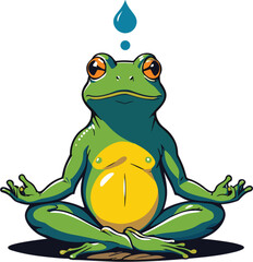 Vector of a cheerful green frog in a tranquil outdoor setting, gracefully practicing yoga
