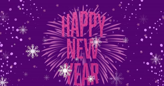 Animation of snowflakes over happy new year text and fireworks exploding against purple background