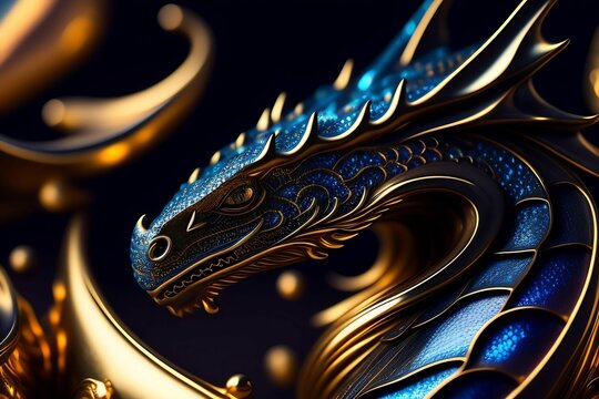 AI generated magnificent dragon with a radiant gold sheen