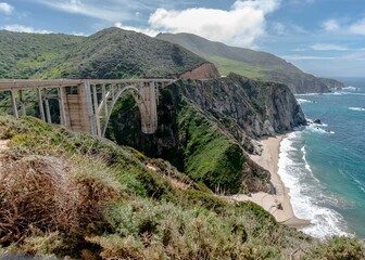 Scenic view of Bixby Creek Bridge, California on a sunny day in summer