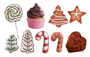Watercolor set of christmas sweets, cupcake, cookies, gingerbread, lollipop isolated on white background.