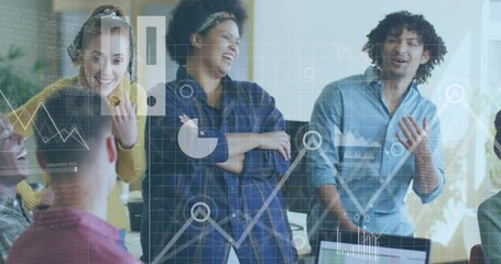 Animation of statistical data processing over team of diverse colleagues smiling together at office - Powered by Adobe
