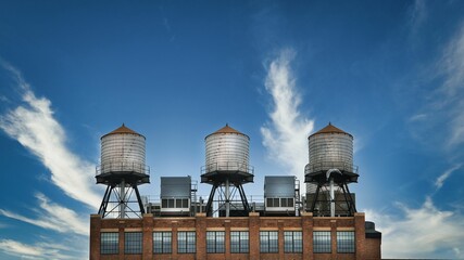 Three metal water tanks on the building roof in New York.