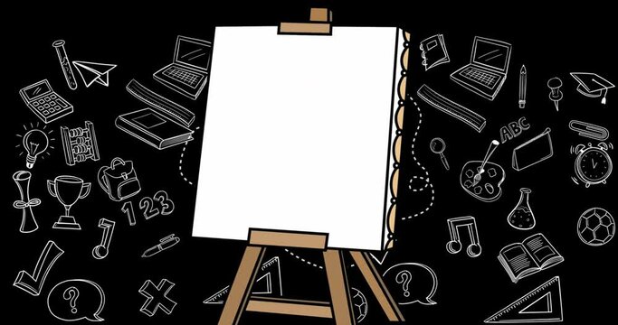 Animation of blank easel icon over school concept icons against black background with copy space