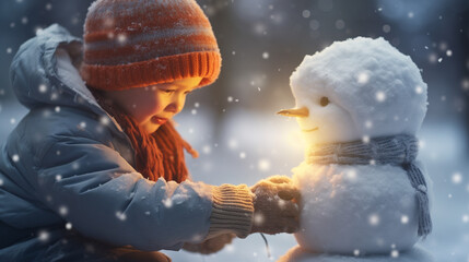 Snowy Delight: A Cherubic Child Crafts a Joyful Snowman, Carving Smiles and Happiness into the...