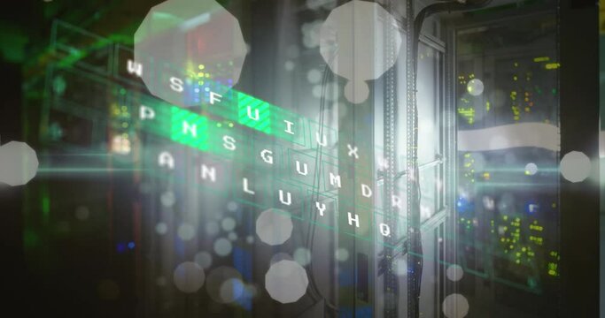 Animation of virtual keyboard and white spots floating against close up of a computer server