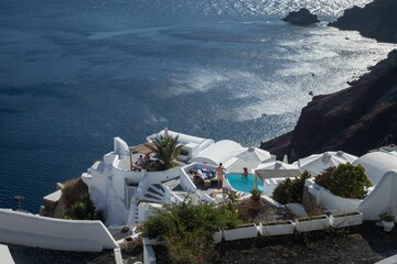 View of Santorini, Greece, showcasing the picturesque, white-washed buildings