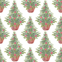Seamless pattern with watercolor green christmas tree with red balls on white background. Forest evergreen fir or pine for card. Hand-drawn art for new year celebration or wrapping and wallpaper