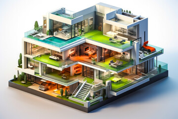 An isometric cross-sectional cutout diagram of modern green apartment house, isolated on white background