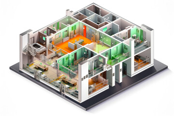 Naklejka premium An isometric cross-sectional cutout diagram of modern green apartment house, isolated on white background