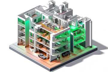 An isometric cross-sectional cutout diagram of modern green apartment house, isolated on white background