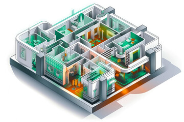 Obraz premium An isometric cross-sectional cutout diagram of modern green apartment house, isolated on white background