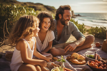 A family with wide smiles enjoying a picnic by the beach, capturing the essence of shared moments and happiness. Concept of family bonding and relaxation. Generative Ai.