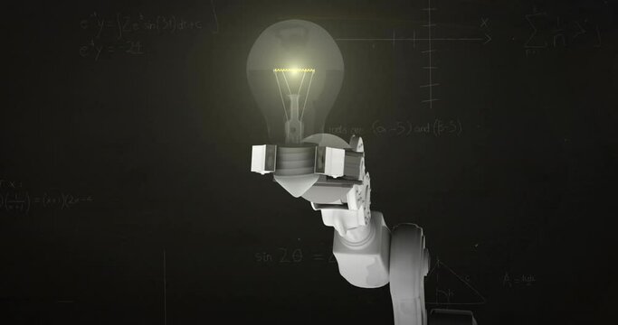 Animation of robotic arm holding a glowing bulb against mathematical equations on black background