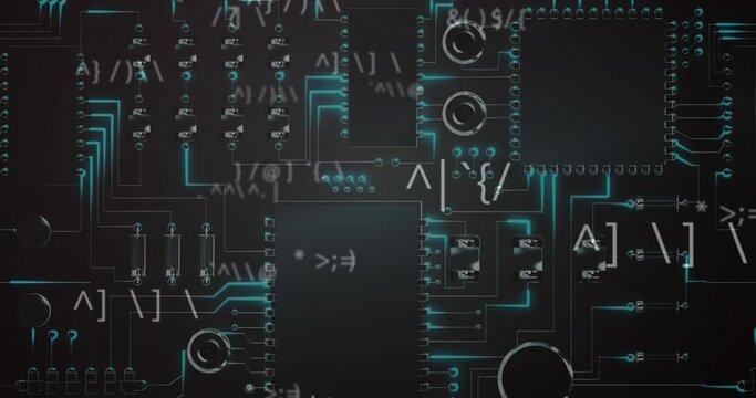 Animation of changing symbols over circuit board in seamless pattern against grey background