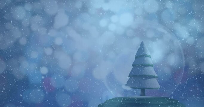 Animation of snow falling over christmas tree in a snow globe and spots of light on blue background