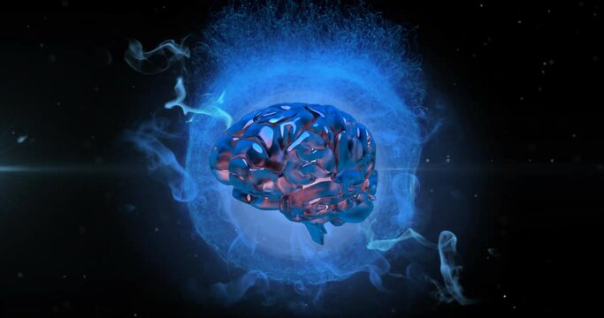 Animation of human brain spinning over blue digital wave against black background