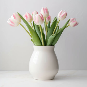 Tulips in a white vase on a white background.Generative AI illustration