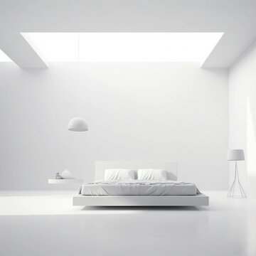 White bedroom decorated in a minimalist style.Generative AI illustration