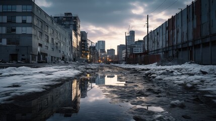 Urban decay with dilapidated buildings and melting snow, reflecting a sunset in the city.