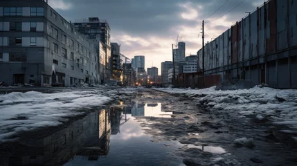 Fotobehang Urban decay with dilapidated buildings and melting snow, reflecting a sunset in the city. © DigitalArt