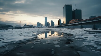 Snowy urban terrain with modern skyscrapers in the distance, ice breaking up on a frozen river. - obrazy, fototapety, plakaty