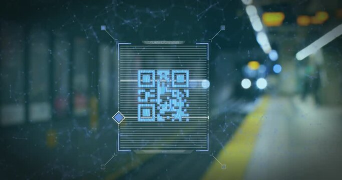 Animation of qr code scanner against blurred view of train arriving at a station