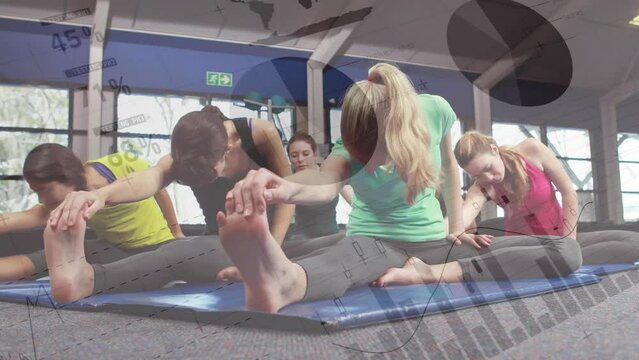 Animation of statistical data processing against group of diverse fit people stretching at the gym