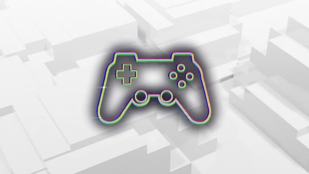 Animation of video game controller icon against 3d white shapes moving in seamless pattern