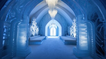 An ice hotel interior with a hallway lined with intricate ice sculptures and a chandelier.