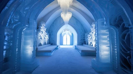 Foto op Canvas An ice hotel interior with a hallway lined with intricate ice sculptures and a chandelier. © DigitalArt