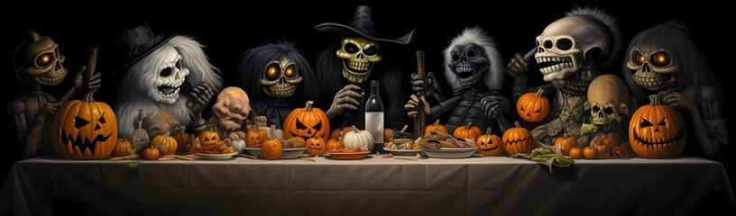 AI generated illustration of skeletons seated at a Halloween-themed table surrounded by pumpkins - obrazy, fototapety, plakaty