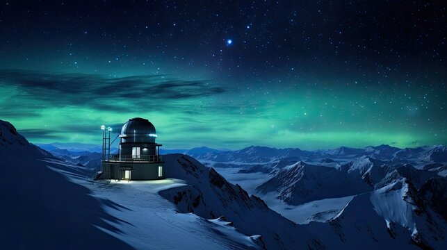 An observatory atop a snowy mountain range under a starry sky with the aurora borealis.