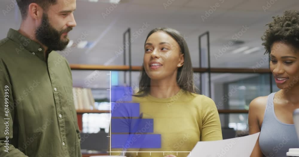 Wall mural Animation of statistical data processing over diverse colleagues discussing over document at office