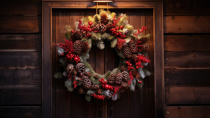 Fototapeta na wymiar A Christmas wreath hanging on a rustic wooden door