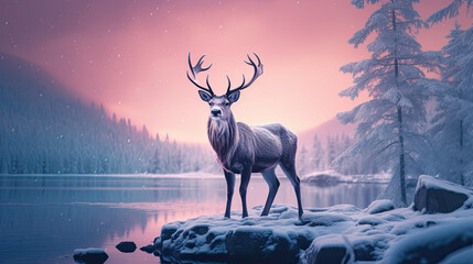 A serene winter landscape with a lone reindeer