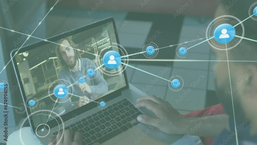 Poster Animation of network of digital icons against rear view of biracial man having video call on laptop