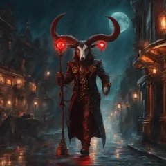 Fotobehang AI generated illustration of a scary devil goat in a black costume walking on a backdrop of a moon © Wirestock