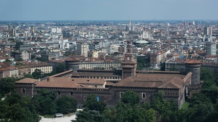 Aerial view of the bustling metropolis of Milan with skyscrapers