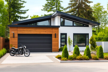 A view of a modern garage with carport and a motorcycle parked in the driveway, and green...