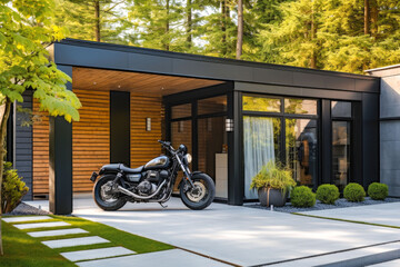 A view of a modern garage with carport and a motorcycle parked in the driveway, and green...