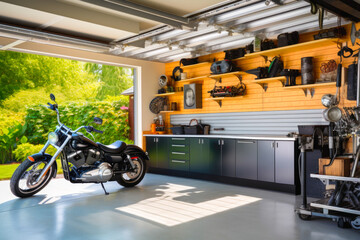 A view of a modern garage with carport and a motorcycle parked in the driveway, and green surroundings