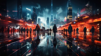 A futuristic cityscape glows with neon lights, reflecting on wet surfaces as silhouetted people...